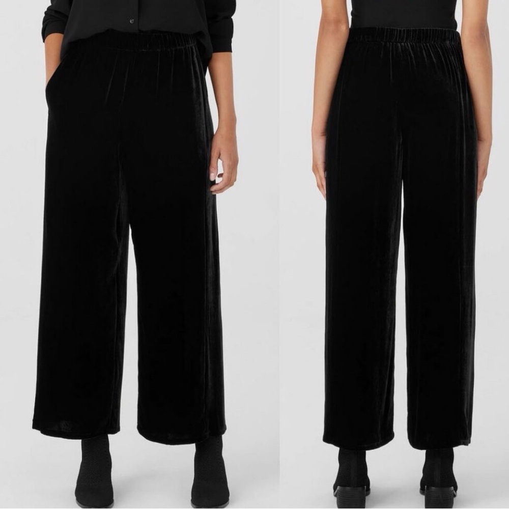 Eileen Fisher Black Velvet Silk Blend Wide Leg Ankle Pants $288 Medium P Chic
